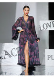 2026 New Women Elegant Butterfly Print Mesh Robe Big Flare Sleeve Lace Up Tassel Fringe High Slit Bathrobe Loungewear