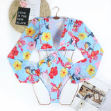 One Piece Swimsuit Sexy Long Sleeve Tropical Print Swimwear Women Bandage Monokini Hollow Out Bathing Suit String Beachwear 2023