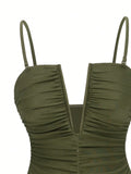 Vintage Green V Neck Pleate One Piece Swimsuit Long Skirt Sets 2026 Women Holiday Tummy Control Bathing Suit Swimwear Monokini