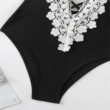 Sexy Push Up Tummy Control Swimwear Women Black Plunge Neck Padded One Piece Swimsuit Lace Beach Bathing Suit Bodysuit Monokini