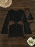 Women micro mini halter bikinis sets 3pcs with knitted long sleeve hollow out mini dress swimsuit bathing suit beach outfits