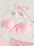 3D flower front tie pink bikinis sets 3pcs with drawstring mesh mini skirt swimsuits bathing suit beach outfits biquini tankini