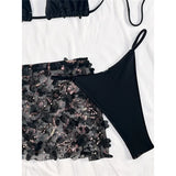 S - XL Three-pieces Bikini set With Skirt Flowers Sequins Bikini Female Swimsuit Women Swimwear Bather Bathing Suit Swim V7864