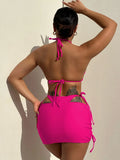 2026 Summer Leopard Print 3 Pieces Suit Swimwear Reversible Sexy Halter Lace-up Bikini Set Drawstring Skirt Cover Up Beachwear