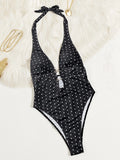 Tiger Printed Halter Deep V Neck One Piece Swimsuit Women Swimwear Female Backless Monokini High Cut Bathing Suit Swim Bodysuit