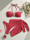 3PCS With Sarong Metal Star Halter Bikini Female Swimsuit Women Swimwear Three-Pieces Bikini Set Bather Bathing Suit Swim V7042