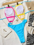 2026 Sexy One Piece Swimsuit Swimwear Women Tri-color Patchwork Hollow Circle Halter High Waist Bathing Suit Beachwear Banadores