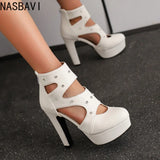 NASBAVI Summer Fashion Women Sandals Round Toe Chunky Heels 12cm Platform 3.5cm Zipper Crystal Plus Size 48 49 50 Party Shoes