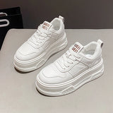 Pu Leather Thick Bottom Sneakers Women 2025 Breathable Platform Vulcanised Shoes Woman Womens All Match Lace Up Casual Sneakers