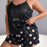Plus Size Women's Pajamas Set Bear Print Sleeveless Screw Top & Shorts Female 2 Pieces Sleepwear Nightwear Homewear Cloth