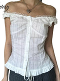 Phantasy Y2K Women Tops White Lace T-Shirt Button Tees Vintage French Style Tops 2025 Spring Summer Tops Female Streetwear