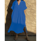 Beach Cover-ups for Women 2026 Solid Color Sexy V-neck Short Sleeve Loose Long Robe Dress Sun Protection Beachwear PZMZ09