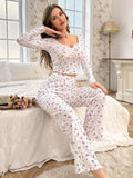 Spring Summer Sleepwear Women's Pajamas Floral Print Lettuce Trim Pajamas Set Tops and Long Trousers Loungewear Nightwear