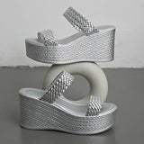 Silver Chunky Platform Slippers for Women 2026 Summer Thick Bottom Wedges Sandals Woman Plus Size 45 Woven Beach Sandles Female