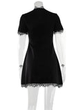 Ahagaga Sexy Women's Mini Dresses Patchwork Short Sleeves Lace Hollow Out Slim Fit Trend Baisc Turtleneck Streetwear Female Robe
