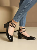 Metallic Silver Gold Women Mary Jane Pumps Square Toe Block Heel Crisscross Ankle Strap Back Zipper Elegant Party Dress Heels