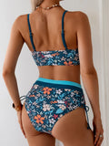 Vintage Blue Floral Print Bikini Women Hollow Out Push Up Drawstring Side High Waist Swimsuit 2026 Beach Bathing Suit Swimwear