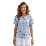 Women Doll Collar Loose Floral/Solid Tops Short Sleeve Button-down Shirts Casual Summer Streetwear