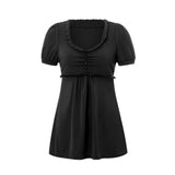 Summer Women´s Y2k T-shirt Short Sleeve V Neck Ruched Babydoll Tops Casual Loose Shirts Retro Clothes