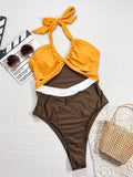 2025 New Splicing Neck Sexy Split Swimsuit Women's Fashion Beach Bikini Brazilian Monokini Swimwear Trajes De Baño Mujer