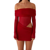 Women Mini Off Shoulder Slim Ruched Solid Color Party Club Dresses Cut Out Long Sleeve Backless Short Mesh Bodycon Dress