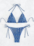 Blue Floral Print 2 Piece Micro Bikini Set for Women 2025 New Push Up Bra Thong Swimsuit Beach Bathing Suit Holiday Swimwear