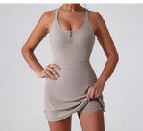 Front Zipper Tennis Dresses Women Summer Sleeveless Sports Athletic Dress Outdoor Cross Backless Pocket Short Workout Skirts