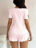 Women 2 Pieces Pajamas Set Heart Printed Short Sleeve T-shirts and Shorts Sets Casual Home Wear Loungewear Summer Sleepwear
