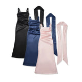 Pure Desire Style Collarbone-revealing Strapless Long Dress Feminine And Slim-fitting With Pleated Waist Tie Straps Bodycon LWIO