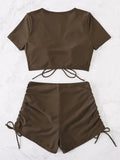 Sexy Drawstring Bikini Set 2026 Women Green Black Short Sleeve Two Piece Swimsuit Summer Bathing Suit Pleate High Waist Swimwear