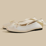 Balletcore Style Satin Lace-Up Flats for Women Black Ballerina Bow Detail Square Toe Ankle Wrap Ribbon Ballet Coquette Shoes