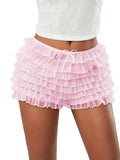 Solid Color Multi-Layer Mesh Short Pants Sweet Cute Bloomers Women Summer Ruffled Frilly Shorts
