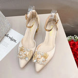 ZOKI Fashion Pearl Buckle Square Heels Pumps Women Pointed Toe Bling Crystal Party Shoes Woman Elegant Med Heels Bride Shoes