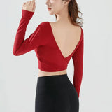 Women's Long Sleeve Yoga Top Cross Back Fitness Exercise Suit Fixed Chest Cushion Comfortable Sports Bra Top