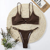 Sexy Ribbed Metal Rings High Cut Bikini Female Swimsuit Women Swimwear Two-pieces Bikini Set Micro Thong Bathing Suit Swim Lady