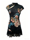 New Chinese style cheongsam hip-covering skirt Royal sister style tight lace national style printed fashion dress
