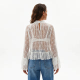 Womens Lace Floral Sheer Blouse Flare Long Sleeve Mock Neck Ruffle Peplum Hem Cropped Shirts Elegant Sexy Cover-ups Tops
