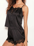Women Satin Pajama Set Lace Trim Cami Top and Shorts, Black V Neck Spaghetti Strap Sleepwear, Soft Home Loungewear