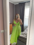 Foridol Elastic Smocking Green Cotton V Neck Summer Women's Dress Sleevless Long Green Maxi Casual Strapy Dress Solid Female