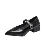 Mid-length Single Shoes Spring and Summer New Fashion Belt Buckle Pointed Toe Comfortable Shallow Toe Leather Shoes