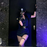 Sexy Cosplay Policewoman Midnight Uniform SM Zipper Bodysuits Solid Color Deep V Short Sleeved Wrap Hip Bodysuits Charming K0JQ