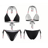 2026 Summer Women's Bikini Set Striped Dots Halter Bra with Side Tie-ups Bead Briefs 2 Piece Swimsuits Female Bathing Suits