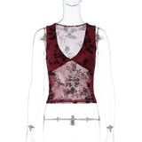 FDYOUI Sexy V-neck Floral Tank Tops for Women 2026 Summer Sleeveless T-shirt Ladies See-through Mesh Corset Top Black Wine Red
