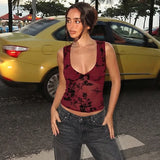 FDYOUI Sexy V-neck Floral Tank Tops for Women 2026 Summer Sleeveless T-shirt Ladies See-through Mesh Corset Top Black Wine Red