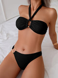 Halter Bikinis 2026 Women Bandeau Swimsuit Solid Sexy Ring Link Swimwear Female Bathers Bathing Swimming Swim Suit Beachwear