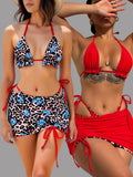 Summer Leopard Patchwork Women's 3 Pieces Suit Swimwear Sexy Halter Lace-up Micro Bikini Set+skirt Cover Up Reversible Beachwear