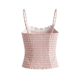 French Thin Style Sweet Plaid Camisole For Women With Lace Collar Slim Fit Semi Elastic Back Suitable For Seaside Vacations IHKJ