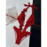 Sexy 3D Flowers Deep V Neck Halter Women Swimwear One Piece Swimsuit Female High Cut Leg Monokini Bather Bathing Suit Swim V6986