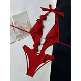 Pink Red Bather Bathing Suit Swim 3D Flower Deep V Neck One Piece Swimsuit Women Swimwear Female High Cut Leg Monokini V6986P