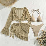 DEKA 4Pcs/Set Mesh Sheath Bikini Set Female Mini Camis Briefs Short Skirt Swimwear Fashion Drawstring Long Sleeve Boho Swimsuit